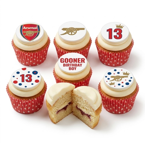 Arsenal themed birthday cupcakes with club crest, cannon, and "Gooner Birthday Boy" topper.