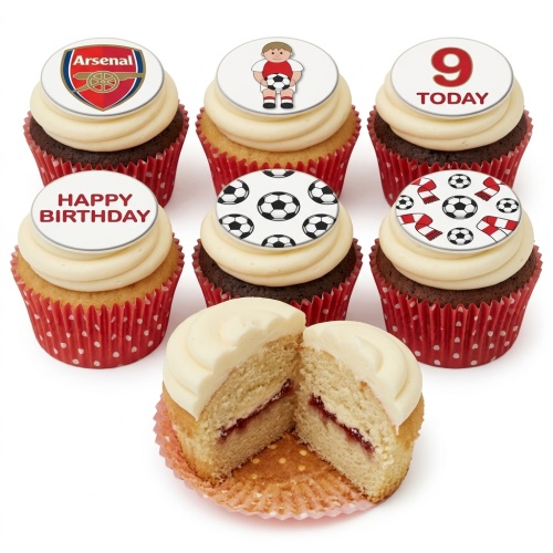 A set of Arsenal football themed birthday cupcakes with custom age and "Happy Birthday" toppers.