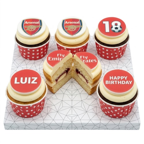 Arsenal themed birthday cupcakes with club logos, 'Fly Emirates', custom age 18, and personalised name 'Luiz' toppers.