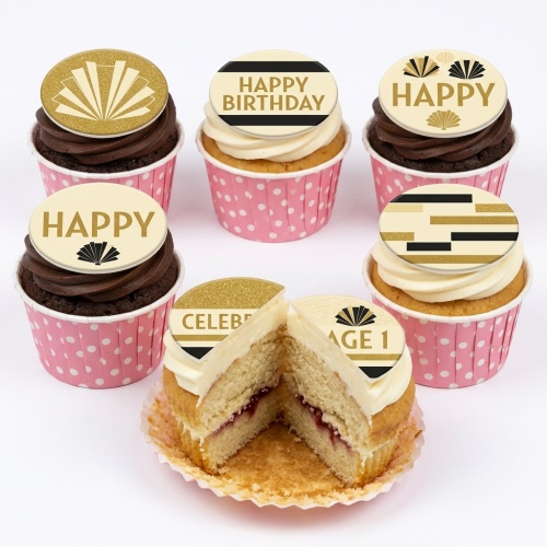 Elegant Art Deco birthday cupcakes with gold and black fan patterns and custom age toppers.