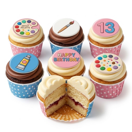 Art theme birthday cupcakes with paint palette, paintbrush, paint tube, and custom age topper.