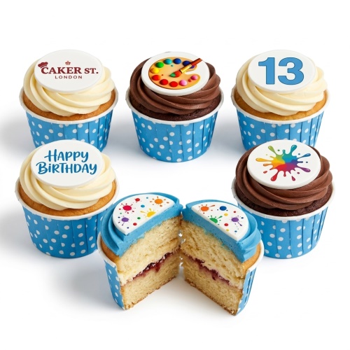 Vanilla and chocolate cupcakes with art theme toppers, blue polka dot wrappers, and custom age option.