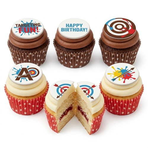 Cupcakes with archery target, arrow, and paint splatter designs, some with 'Happy Birthday' and 'Targeting Fun' messages.