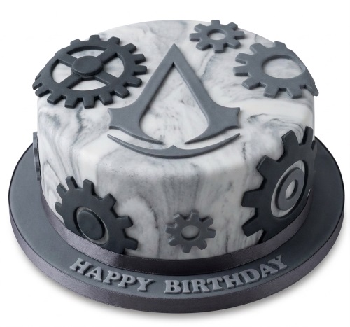 Round single-tier Assassin's Creed themed birthday cake with grey gears and marble effect fondant.