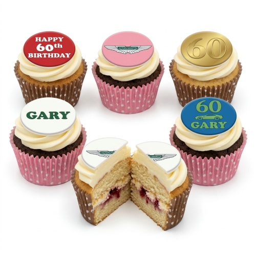 Aston Martin themed birthday cupcakes with custom age and name toppers