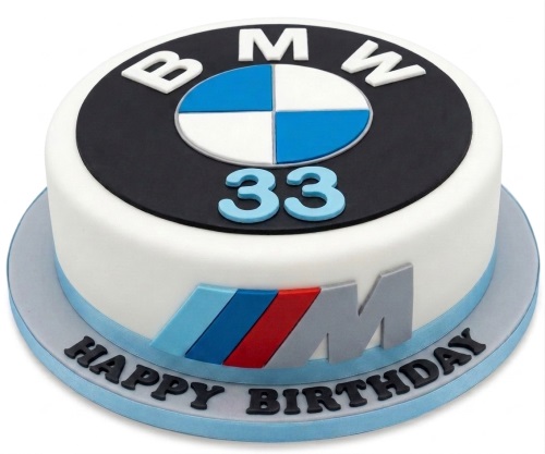Round white BMW logo birthday cake with M-Sport stripes and custom age.