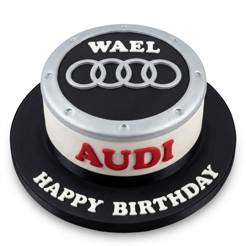 Round single-tier Audi themed birthday cake with black, white, silver, and red details.
