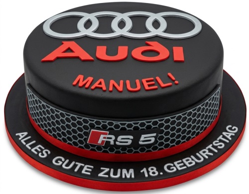 Black Audi RS 5 themed birthday cake with silver rings and red lettering, featuring a custom age and name.