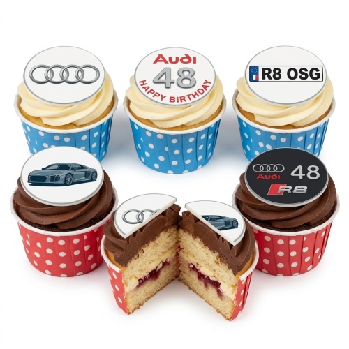 Set of six Audi R8 themed birthday cupcakes with car images, Audi logos, and a custom age topper.