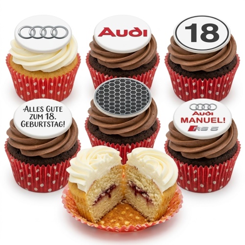 Audi car theme birthday cupcakes with Audi logos, grille pattern, and custom age topper.