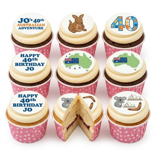 Australian themed birthday cupcakes with kangaroo, koala, map, Sydney Opera House, and custom age topper.