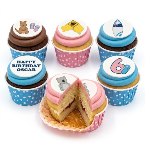 A selection of Australian themed birthday cupcakes with koala, kangaroo, map, surfboard, and flip-flop designs, featuring custom age and message examples.