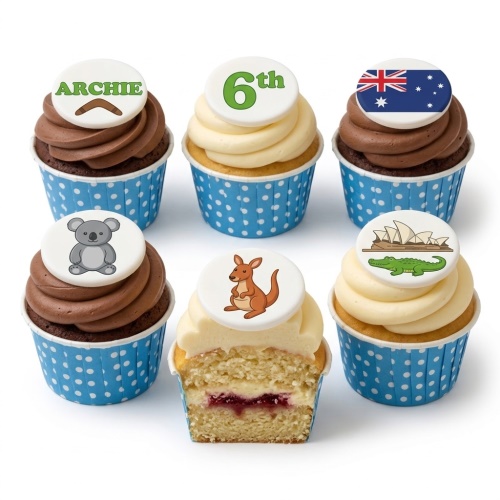 Australian themed cupcakes with koala, kangaroo, flag, and Sydney Opera House toppers, with custom age.
