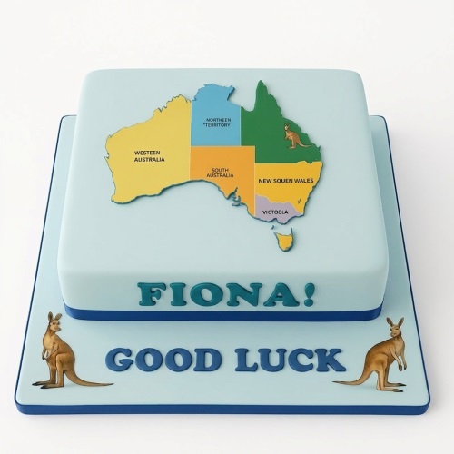 Square light blue cake with a colourful Australia map and two kangaroo decorations.