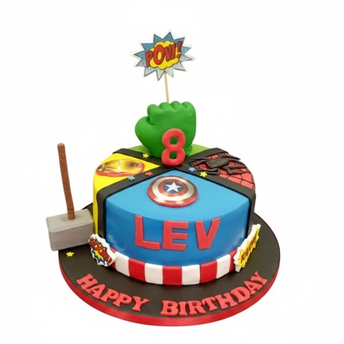 Round superhero themed birthday cake with Hulk fist, Thor's hammer, Captain America shield, Iron Man, and Spider-Man details, with a custom age topper.