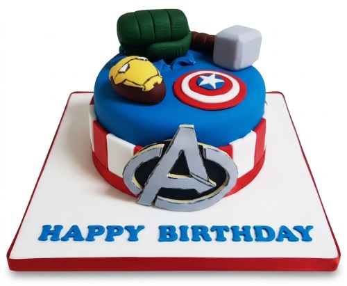 Round blue Avengers birthday cake with Hulk, Iron Man, Captain America, Thor toppers and Avengers logo.