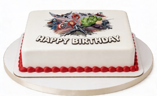 Square white birthday cake with edible Avengers superhero image and red border.