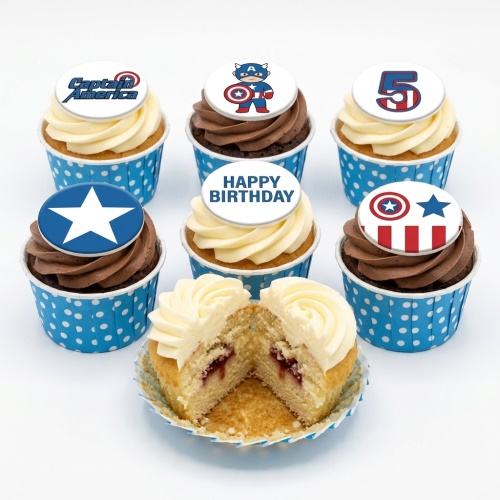 Captain America themed birthday cupcakes with chocolate and vanilla frosting, blue polka dot cases, and custom age topper.