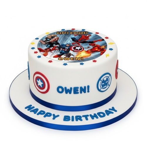 White round cake with Marvel Avengers edible image, Captain America shield and Iron Man arc reactor logos, blue ribbon.