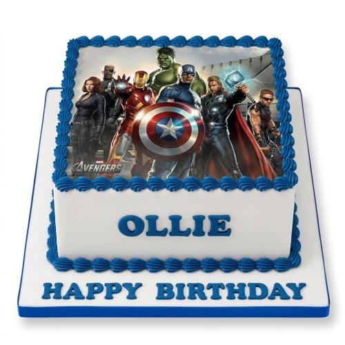 White square birthday cake with blue piping, featuring an edible image of Marvel Avengers characters on top, and blue custom name and 'Happy Birthday' message.