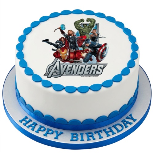 Round white cake with blue scalloped border and Marvel Avengers edible image on top, with 'Happy Birthday' written in blue on the base.