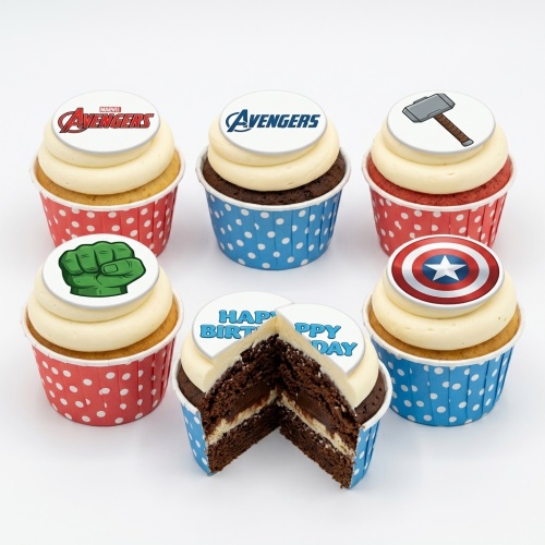 Avengers themed cupcakes with superhero logos, Thor's hammer, Hulk's fist, Captain America's shield, and 'Happy Birthday' message.