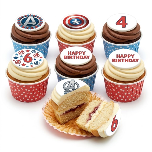 Avengers themed cupcakes with Captain America shield and Avengers logo toppers, some with custom age numbers and 'Happy Birthday' message.