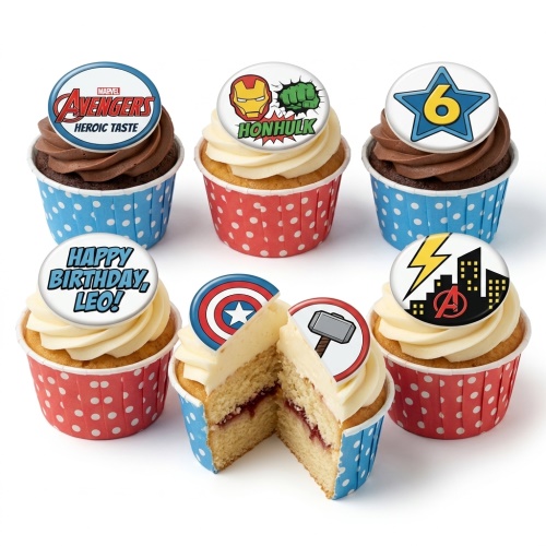 Set of six Marvel Avengers themed cupcakes with various superhero toppers and polka dot wrappers.
