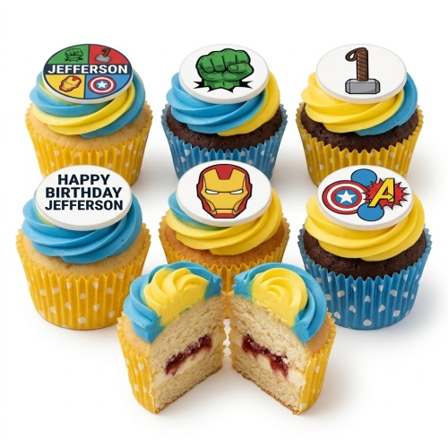 Marvel superhero themed cupcakes with blue and yellow frosting and custom toppers.
