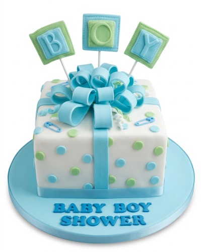 White square baby shower cake for a boy with blue and green polka dots, a large blue bow, and 'BOY' toppers.