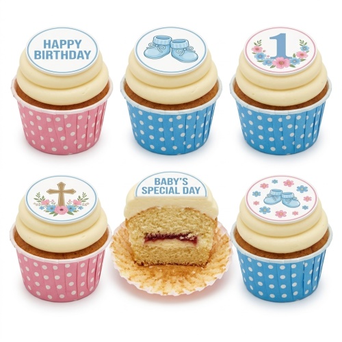 Baby blue christening cupcakes with baby booties, white cross, and pastel flowers.