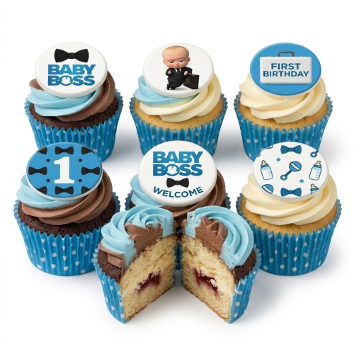 Baby Boss themed cupcakes with blue and brown frosting, featuring character and 1st birthday toppers.