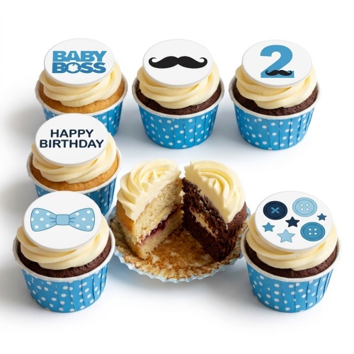 Baby Boss themed birthday cupcakes for boys with mustache, bow tie, and custom age topper.