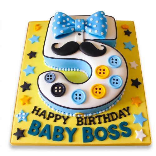 Number 5 birthday cake for boys with blue bow tie, mustache, and colourful buttons.