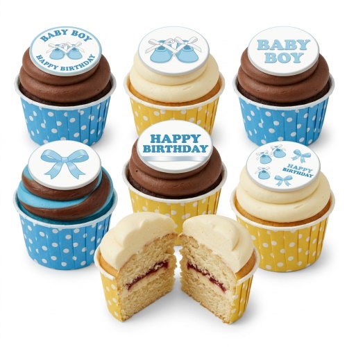 Cupcakes with blue and brown frosting, baby booties, bows, "Baby Boy" and "Happy Birthday" toppers in blue and yellow polka dot wrappers.
