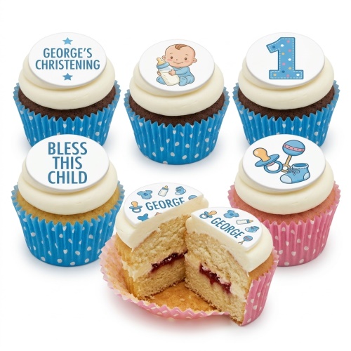 Assortment of baby boy themed cupcakes with custom christening and number 1 toppers.