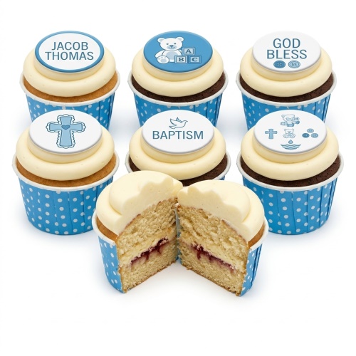 Blue and white christening cupcakes with teddy bear, cross, dove, and custom name toppers.