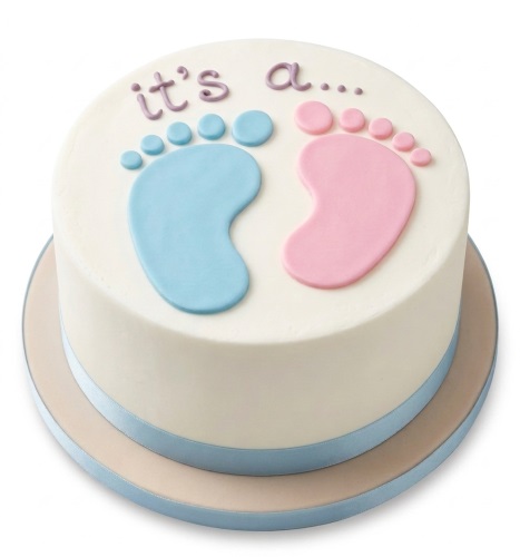 Round white cake with pink and blue baby footprints and "it's a..." message, with a blue ribbon.