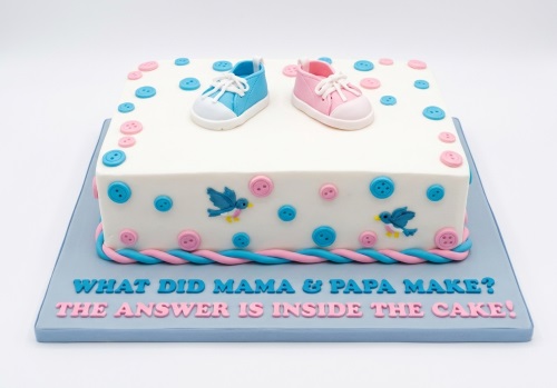 Square gender reveal cake with pink and blue baby shoes, buttons, and birds.