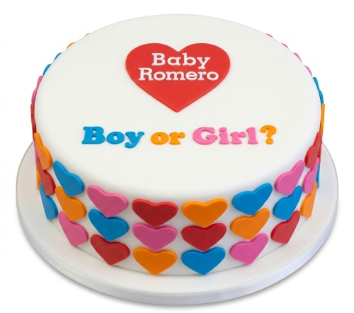 White round cake with red, blue, orange, pink hearts and "Boy or Girl?" message