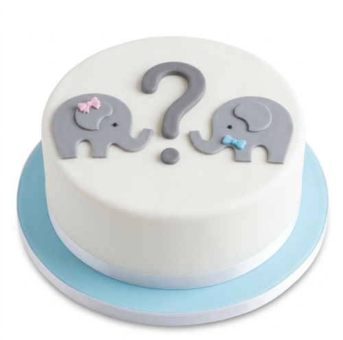 White round cake with grey fondant elephants, pink and blue bows, and a question mark.
