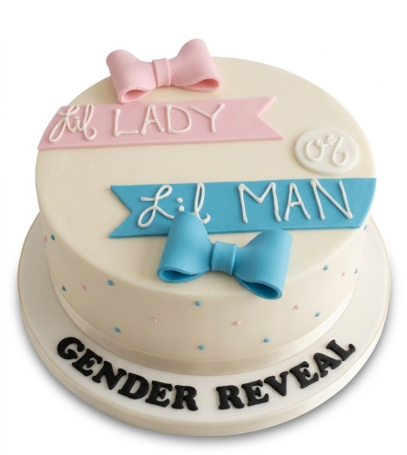 Two-tier gender reveal cake with pink 'Lil Lady' and blue 'Lil Man' banners, bows, and polka dots, with 'GENDER REVEAL' on the base.