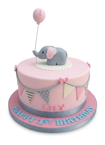 Pink round cake with a grey elephant, pink balloon with number 1, and bunting decorations, with a custom name and 'Happy 1st Birthday' message on the board.