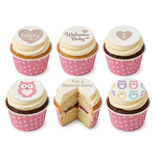 Six baby shower cupcakes with white icing and fondant toppers, some with pink polka dot wrappers. Toppers include "baby.", "Welcome Baby", a number 1 in a heart, a pink owl, "For a Special Baby", and multiple pastel owls.