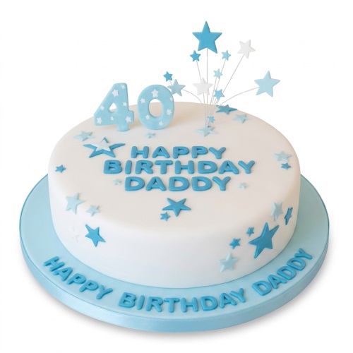 White round birthday cake with blue and white stars, starburst topper, and custom age numbers.