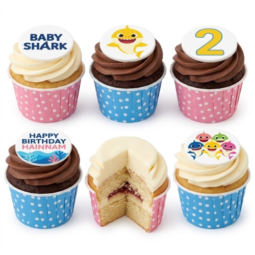 Baby Shark themed cupcakes with character toppers, custom age number, and personalised message.