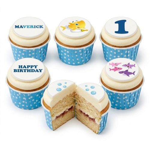 Baby Shark birthday cupcakes with character toppers, custom age, and personalised name examples in blue wrappers.
