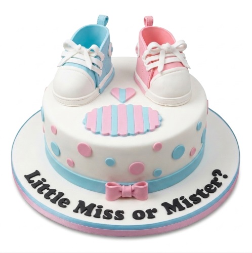 White two-tier gender reveal cake with pink and blue baby shoes and 'Little Miss or Mister?' message.