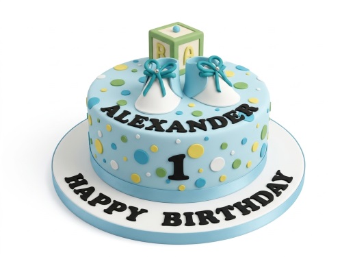 Baby blue round 1st birthday cake for boys with white baby booties, a green block, and colourful polka dots.