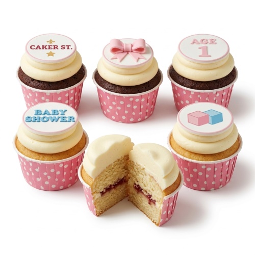 A selection of baby shower themed cupcakes with white frosting and pink polka dot cases. Toppers include 'BABY SHOWER', 'AGE 1', a pink bow, and pink and blue baby blocks.